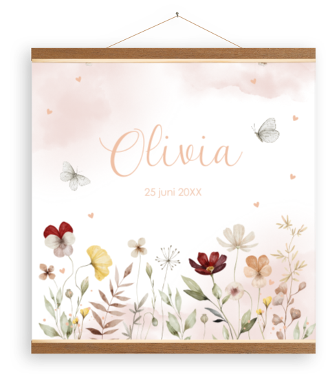 Canvasposter meisje bloemen beige roze watercolour