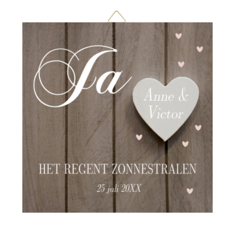 Tegeltje bruiloft houtlook hartje eigen tekst