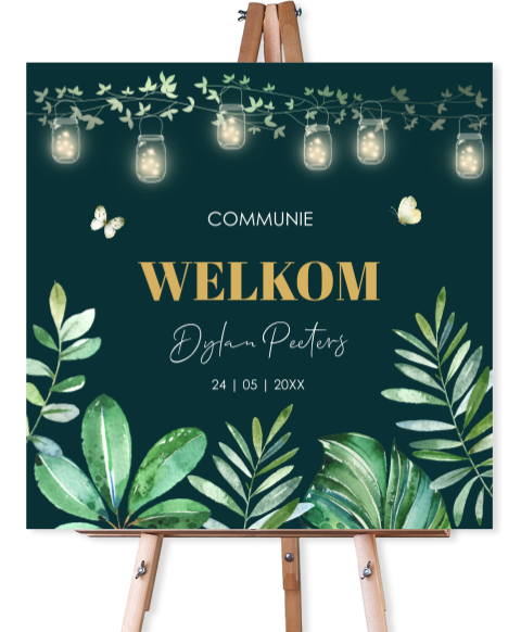 Welkomstbord communie jongen groen bladeren lampjes