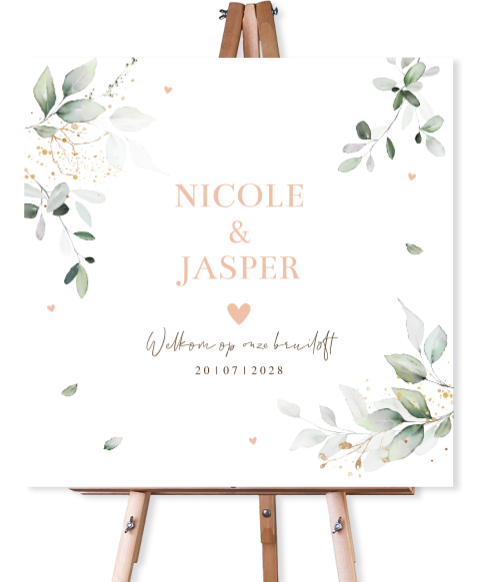Bruiloftsbord botanisch groen bladeren watercolour welkom