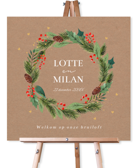 Bruiloftsbord kerstkrans groen rood kraftlook