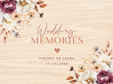 Bruiloft memorybox hout bloemen beige paars