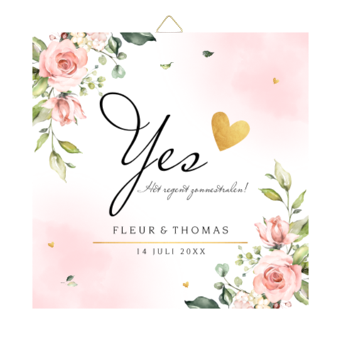 Tegeltje bruiloft roze bloemen eigen tekst