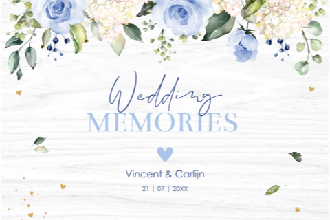 Memorybox hout bruiloft wit bloemen blauw