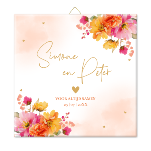 Tegeltje huwelijk kleurrijke bloemen pink orange