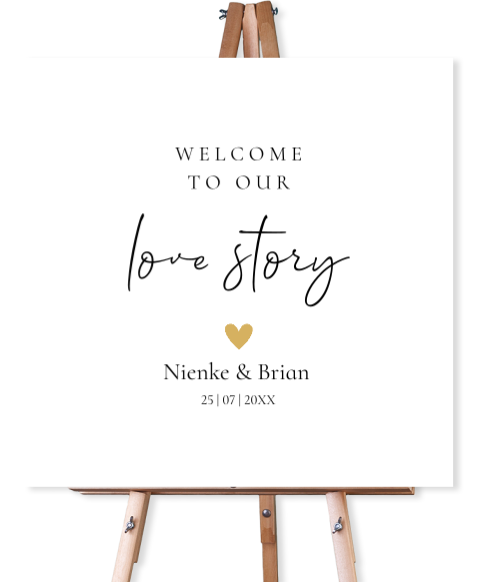 Welkomstbord bruiloft wit typografie welcome to our love story
