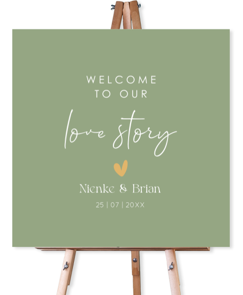 Bruiloftsbord olijfgroen Welcome to our love story