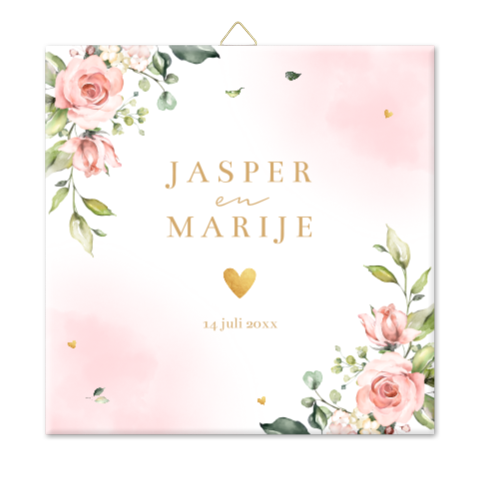 Tegeltje bruiloft roze bloemen eigen tekst