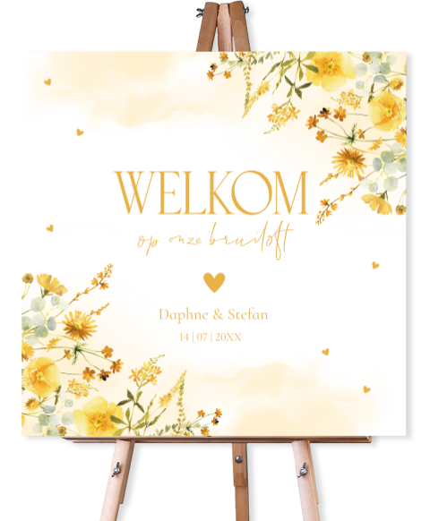 Bruiloftsbord botanisch bloemen geel watercolour