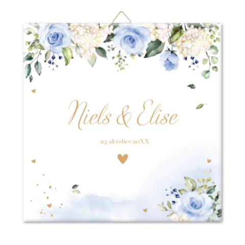 Tegeltje bruiloft bloemen blauw watercolour eigen tekst