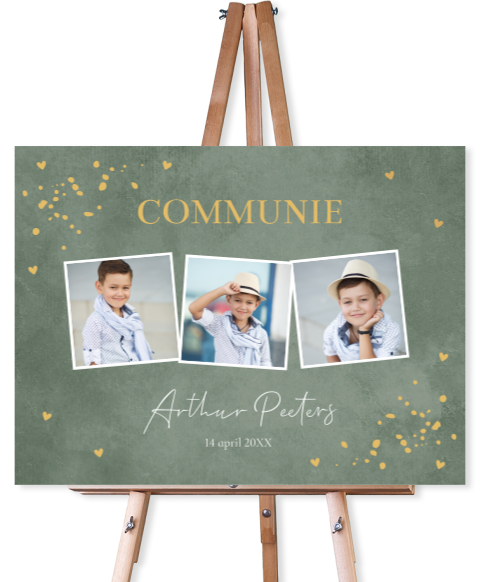 Welkomstbord communie jongen groen fotocollage