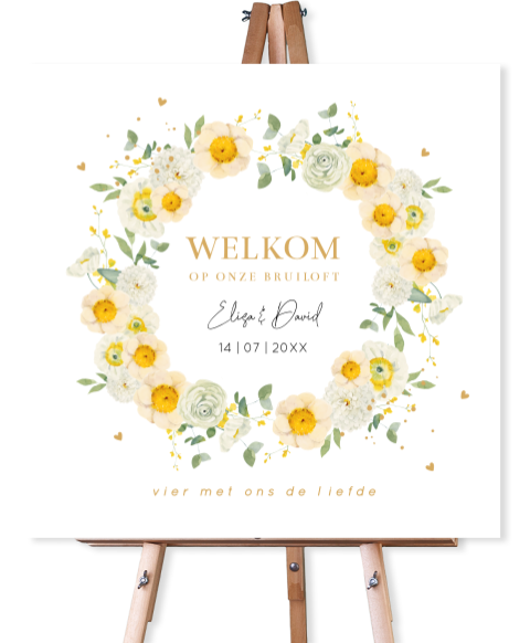 Bruiloftsbord bloemenkrans geel vierkant