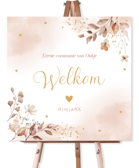 Welkomstbord communie meisje bloemen bladeren beige roze
