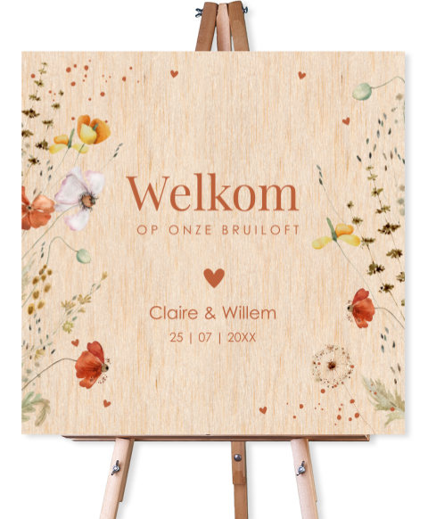 Bruiloftsbord veldbloemen rood houtlook