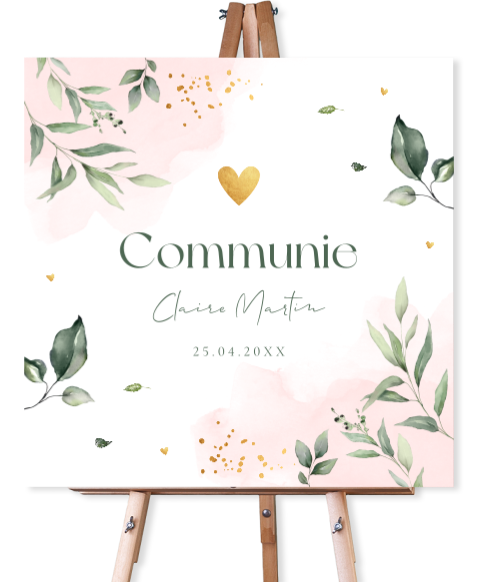 Welkomstbord communie roze meisje blaadjes groen