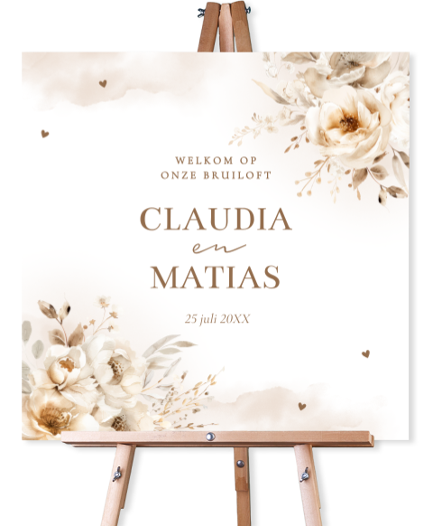 Welkomstbord bruiloft beige bloemen