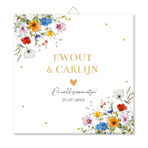 Tegeltje bruiloft wit zomerse bloemen eigen tekst