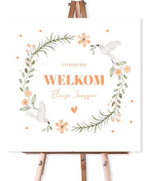 Welkomstbord bloemenkrans vogels oranje meisje