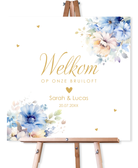 Welkomstbord bruiloft blauw peach bloemen 70x70 cm