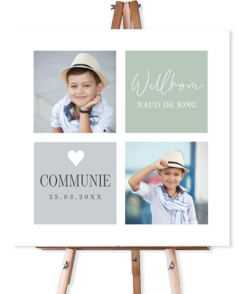 Welkomstbord communie groen jongen met foto