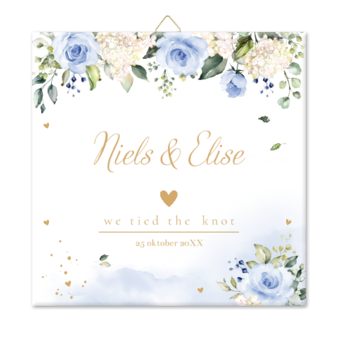 Tegeltje bruiloft bloemen blauw watercolour eigen tekst