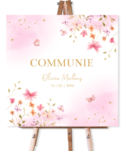 Welkomstbord communie meisje roze bloemen watercolor