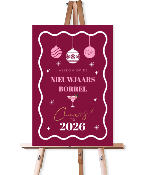 Welkomstbord nieuwjaarsborrel rood roze kerstballen golvend frame