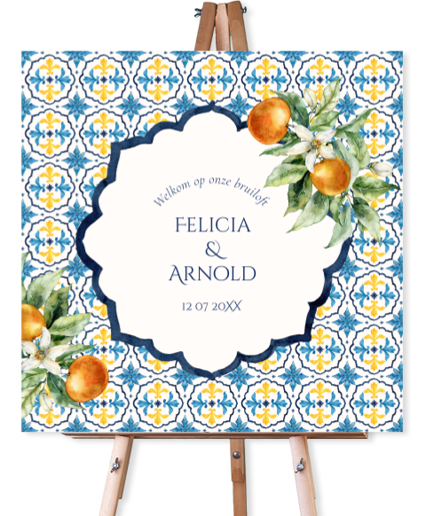 Bruiloftsbord welkom Mediterraans blauw patroon sinaasappels oranje