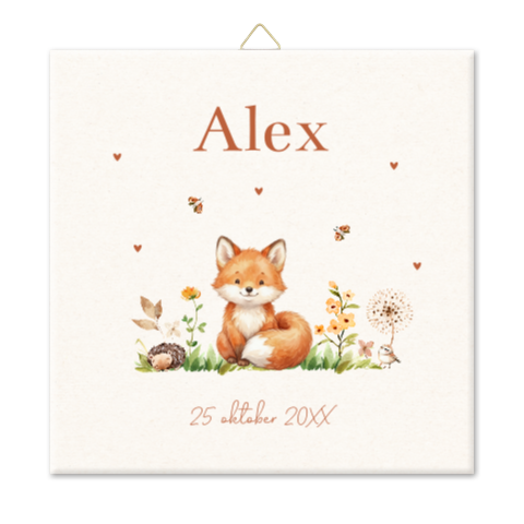 Geboorte tegeltje met lief vosje en bloemen