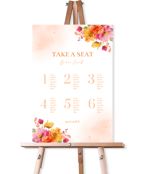 Tafelschikking bord bruiloft bloemen oranje roze