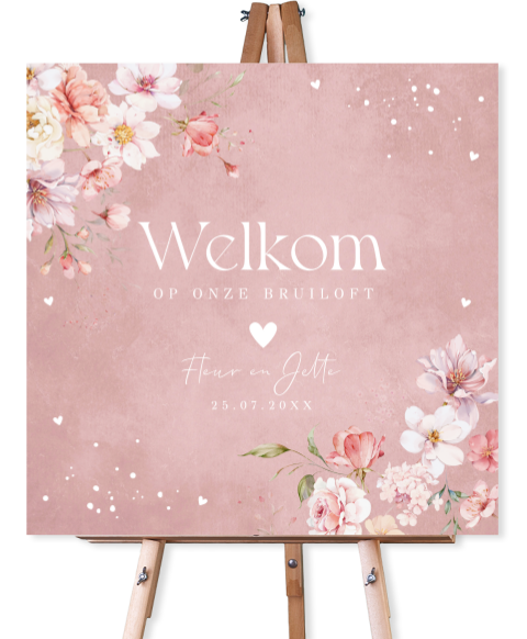 Welkomstbord bruiloft bloemen dusty pink