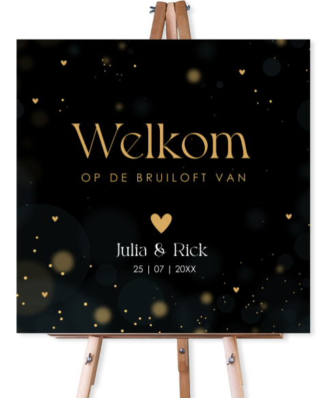 Welkomstbord bruiloft zwart goud hartjes