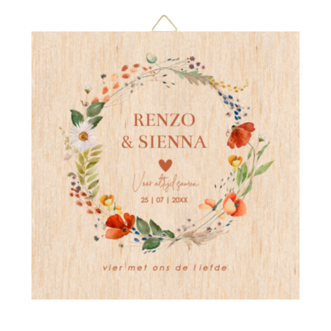 Tegeltje bruiloft bloemenkrans rood houtlook eigen tekst
