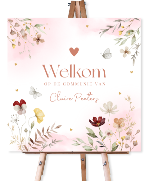 Welkomstbord communie meisje bloemen roze