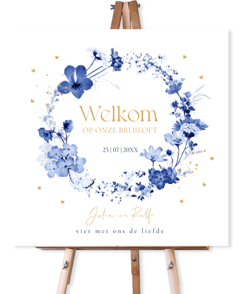 Bruiloftsbord bloemenkrans blauw