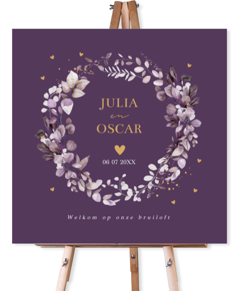 Bruiloftsbord paars botanisch krans bladeren