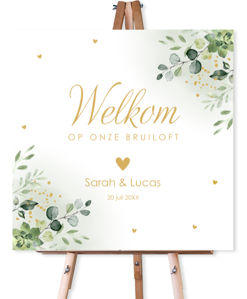 Welkomstbord bruiloft botanisch groen bladeren 70x70 cm