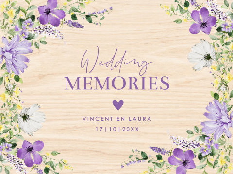 Bruiloft memorybox hout bloemen paars