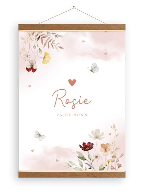 Canvasposter geboortekaartje floral bloemen watercolour | 30x40 cm