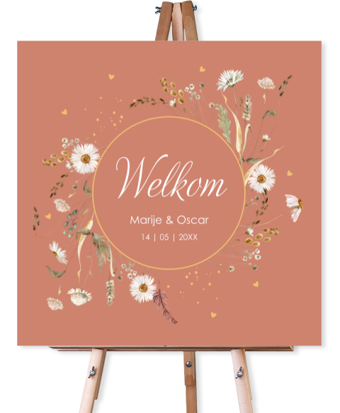 Welkomstbord bruiloft terraroze bloemenkrans