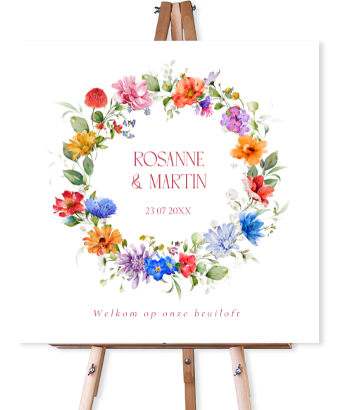 Bruiloftsbord kleurrijke bloemenkrans