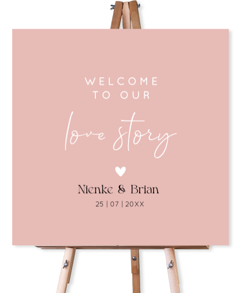 Bruiloftsbord roze welcome to our love story