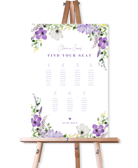Tafelschikking bord bruiloft bloemen paars
