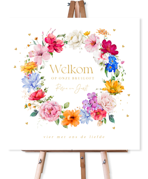 Welkomstbord bruiloft fleurige bloemenkrans roze