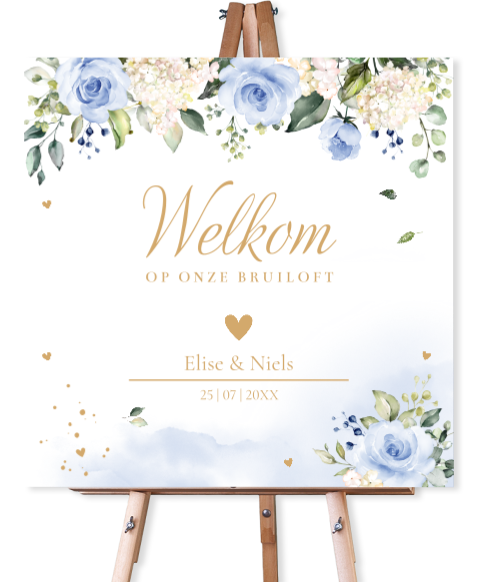 Bruiloftsbord bloemen blauw watercolour 70x70 cm