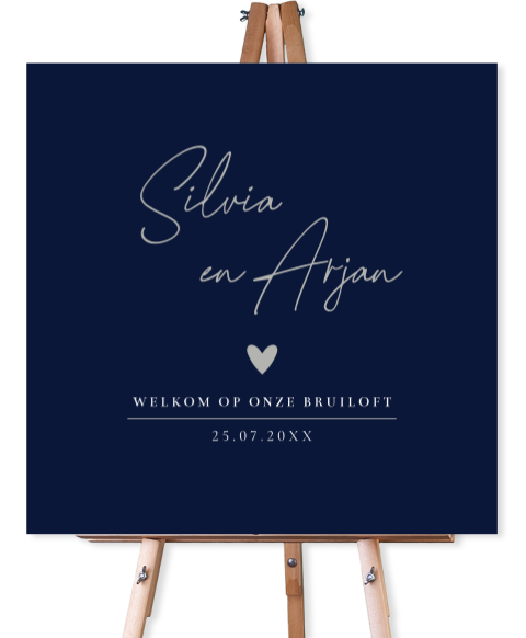 Bruiloftsbord donkerblauw stijlvol hartje welkom