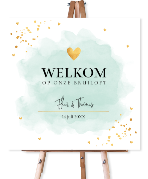 Bruiloftsbord groen waterverf goudlook welkom op onze bruiloft