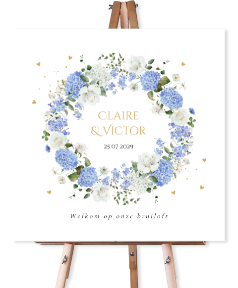 Bruiloftsbord wit bloemenkrans blauw hortensia