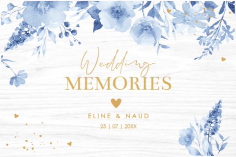 Memorybox hout bruiloft wit bloemen blauw waterverf