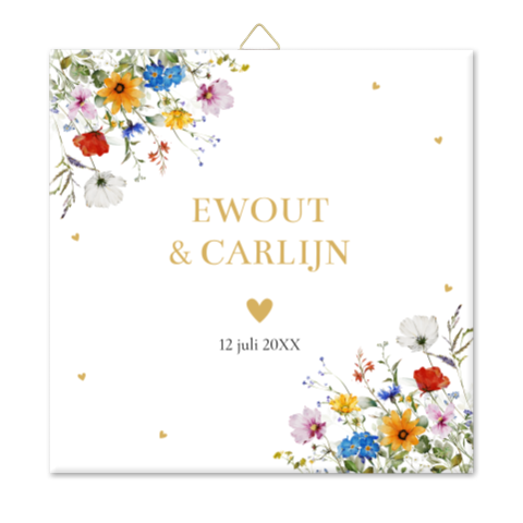 Tegeltje bruiloft wit zomerse bloemen eigen tekst